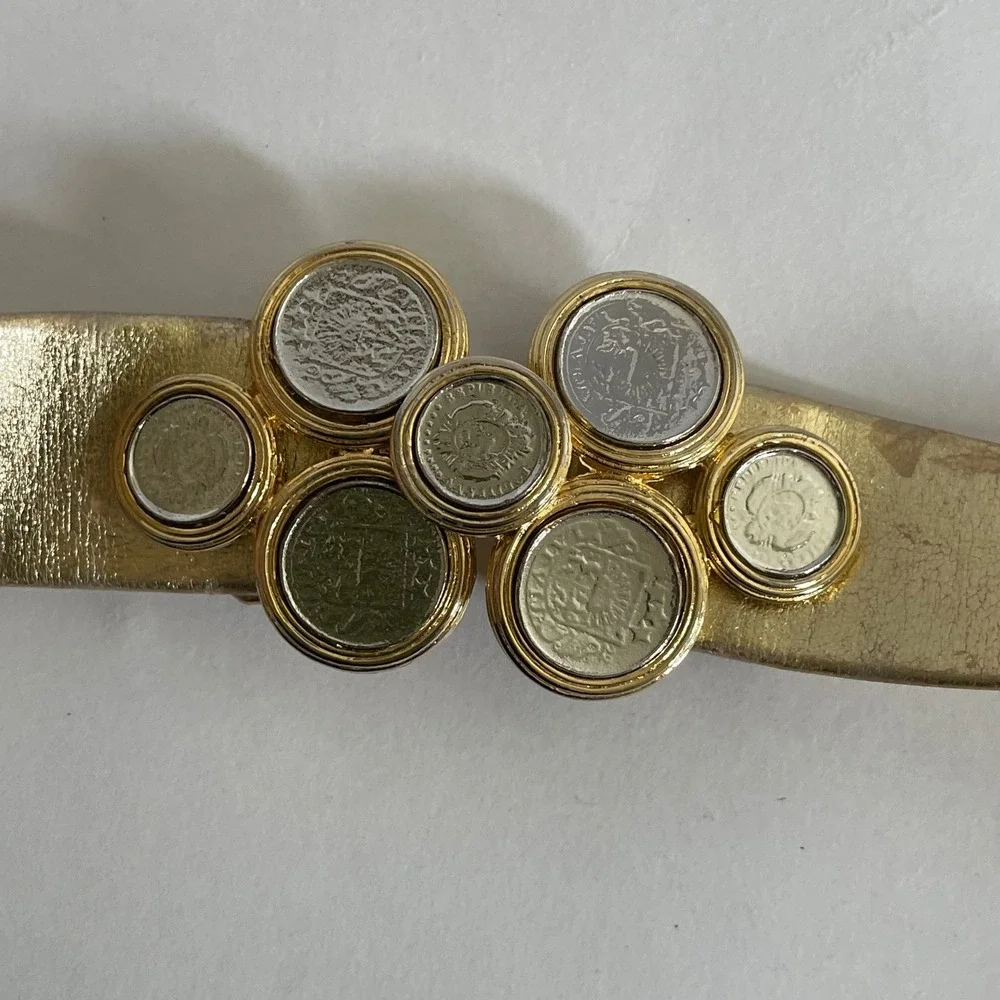 Vintage Coin Buckle Waist Belt Women OS Gold Metallic Medallion Statement 80s